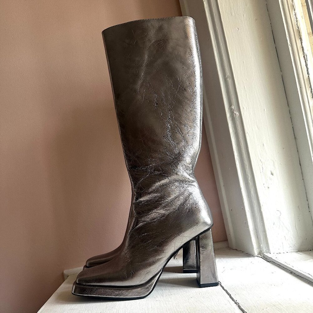 Jeffrey Campbell Crinkled Silver Knee-High Block Heel Boots - Picture 2 of 13